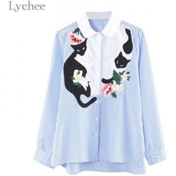 Camisa Casual de Rayas para Mujer con Gato y Flores Bordadas - Primavera/Otoño