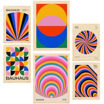 Set de 6 Pósters Geométricos Bauhaus con Marco de Madera Clara