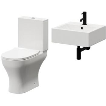 Elvas 470mm Wall Hung Ceramic Basin and Toilet Suite with Black Bottle Trap