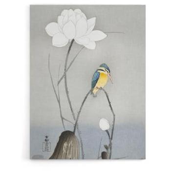 Grey Kingfisher with Lotus Flower Art – 12x16 Canvas
