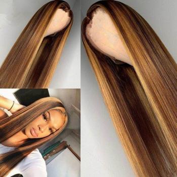 Perruque cheveux longs raides teint brun doré