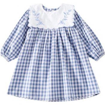 Korean Style Toddler Girls Cute Embroidered Cotton Plaid Dress