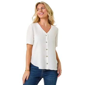 Roman Women's Petite V-Neck Button-Through Dress Shirt – Size 12 (White)