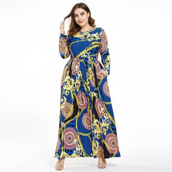 Retro Printing Long Sleeve Dress with Pockets for Women