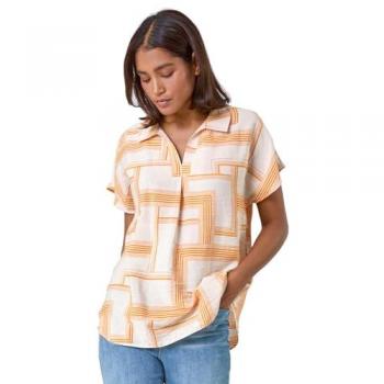 Orange V‑Neck Geometric Top for Women – Size 10 UK