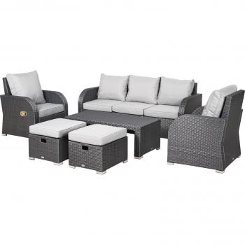 Outsunny Light Grey Rattan Garden Lounge Collection – 7‑Seat Reclining Set with Table & Footstool