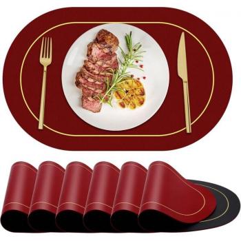 Oval Leather Table Mats with Heat Protection – 6 Pack, Red, Easy to Clean