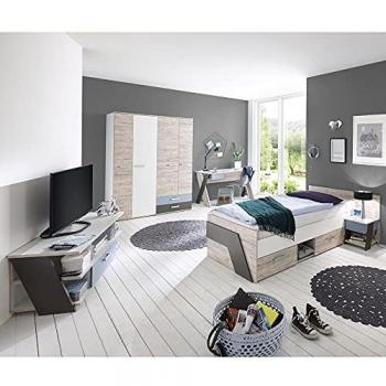 Jugendzimmer Set mit Schreibtisch 5-teilig LEEDS-10 in Sandeiche Nb. mit weiß, Lava und Denim Blau - grau