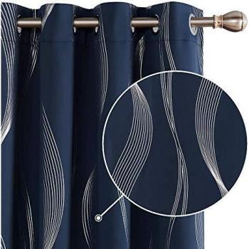 Foil Wave Line Print Grommet Blackout Thermal Curtains | Ready Made Deconovo UK 2 Panels