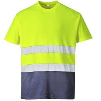 Portwest Hi Vis Cotton Comfort Contrast Short Sleeve T Shirt in Yellow/Navy, Size S