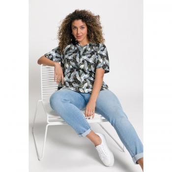 Plus Size Brown Cotton Pleated A-line V-Neck Tee with Pastel Feather Print, Size 20/22