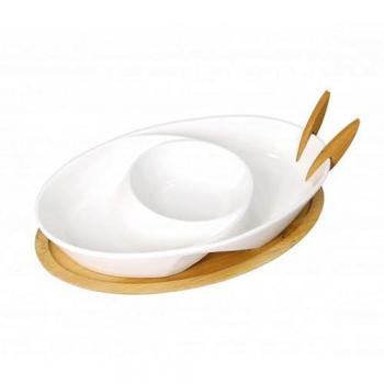 Brandani Antipastiera Abbraccio porcellana, base bamboo e 2 forchette