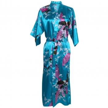 Elite99 Women's Long Satin Nightwear Dress with Peacock and Blossoms Print (Lake Blue, Size L)