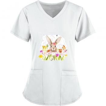V-Neck Short Sleeve Scrubs Blouse with Easter Bunny Print