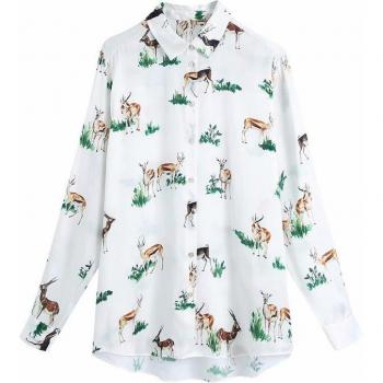 Aonibeier Women's White Long Sleeve Deer Print Blouse