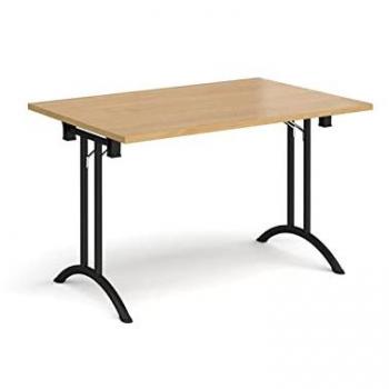 Foldable rectangular table with black legs and curved foot rails, 1200mm x 800mm, oak