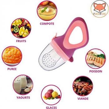Tétines grignoteuses d'alimentation avec sucette fruit evolutive, anneaux de dentition et 3 tétines de tailles S M & L en silicone sans BPA (Rose-violet GIRL)