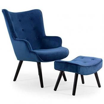 Fauteuil Scandinave Velours Bleu avec Repose-Pieds