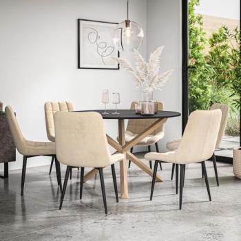 Malvern Round Dining Table & 6-Seat Velvet Chair Set – Beige Accent, Solid Oak Legs