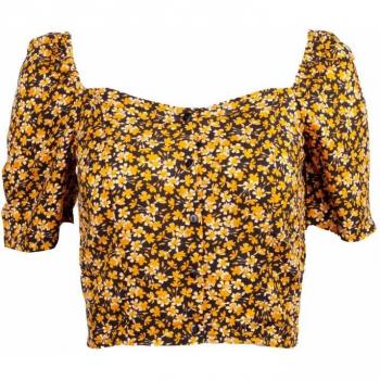 BEST MOUNTAIN XS Schwarzes Damen-Crop-Top Kurzarm quadratischer Ausschnitt Blumenmuster