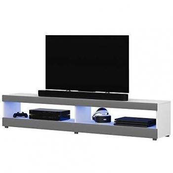 Bahut TV VIANSOLA, 140 cm, blanc mat/gris brillant, éclairage LED, style moderne