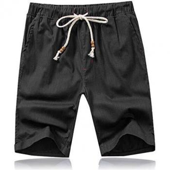Men's Summer Casual Cotton Shorts with Pockets and Elasticated Waist (Black, L)