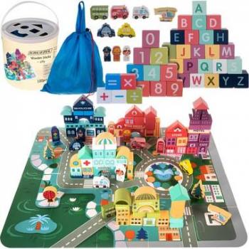 KRUZZEL Bauklötze Stadt Autos 100 Teile Puzzle mit Puzzlematte