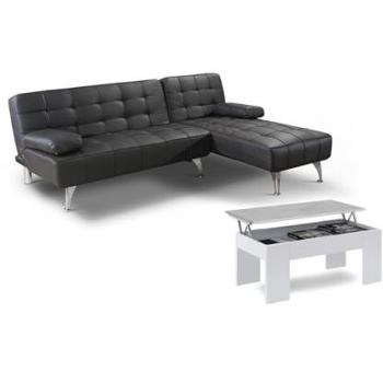 Sofa Cama Chaise Longue XS Negro en Polipiel + Mesa de Centro Blanco y Cemento