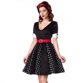 Vintage-Godeten-Kleid V-Ausschnitt Punktmuster XS