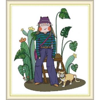 Girl and Cat Embroidery Cross Stitch Kit