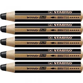 Crayon de couleur - STABILO woody 3in1 - Lot x 5 crayons de coloriage - Noir de bougie
