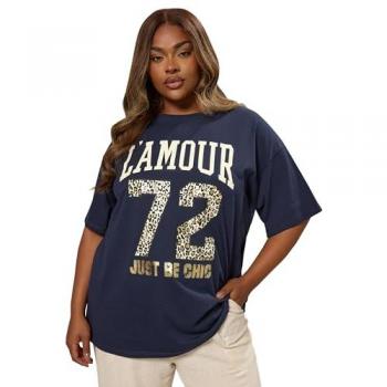 T-Shirt Yours Marineblau mit „L’amour“-Slogan – Damen Curve & Plus Size