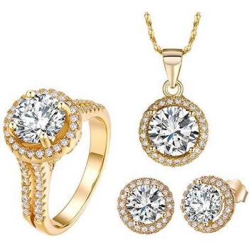 Bijoux de mariée en Zircon AAAAA - Ensemble or avec boucles d'oreilles, bague et collier
