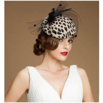Leopard Grain Wool Felt Hat with Mesh Bowknot for Women B-1229