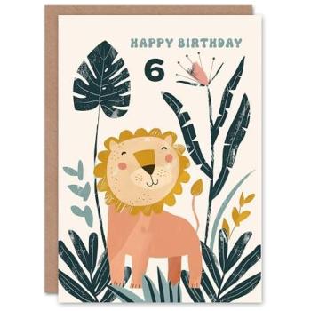 Green Jungle Lion 6th Birthday Card for Kids