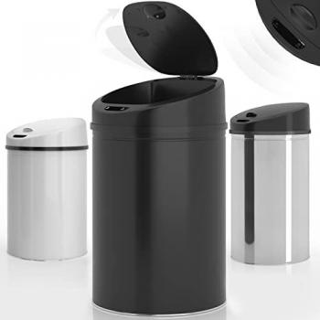 Bidone Rotondo Automatico 30L con Sensore, Coperchio a Rimozione, Acciaio Zincato Nero