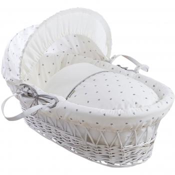 Clair de Lune Cuna corazones color blanco mimbre Moisés Basket inc. ropa de cama, colchón y capucha ajustable