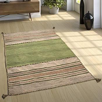 Tappeto Design Tessuto Kelim Lavorato a Mano 100% Cotone Moderno Fantasia Verde 80x150 cm - Paco Home