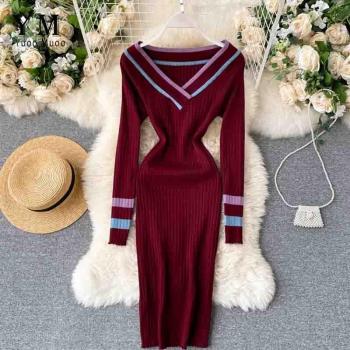 Robe Pull Femme Gaine Col V Automne Hiver