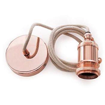 Pendel E27 Cable 2000Mm Lona Beige 3 X 0,75 Portalámparas Interruptor Rotativo - Cobre Rojo - Rosetón Cobre Rojo [AM-AT513]