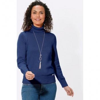 Pull femme bleu roi à col roulé - Finitions côtelées