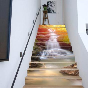 Set de 13 Pegatinas para Escaleras - Arte 3D de Cascada y Sol - Decoración del Hogar