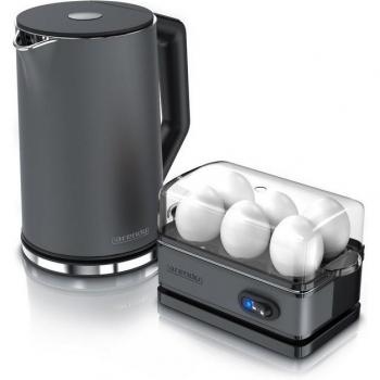 Arendo Frühstücks-Set, Edelstahl Wasserkocher 1,5L und Eierkocher, Grau