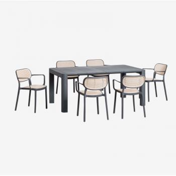 Table de salle à manger Arnadine 180×100 cm avec 6 chaises empilables Omara gris graphite