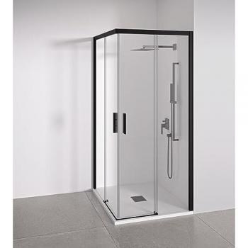BELLOBATH Mampara de ducha angular 2 correderas + 2 fijos - sin perfilería inferior - Cristal transparente templado 6mm Antical - Negro Mate