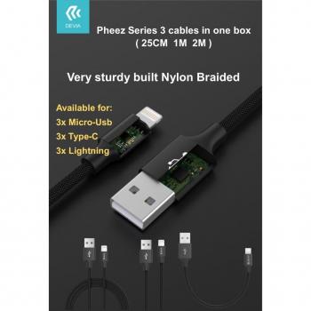 Pheez Series Cables Tipo‑C – Pack Triple 25 cm, 1 m y 2 m en Color Gris