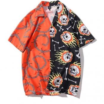 Men's Summer Loose Fit 3D Skull Chain Printed Hawaiian Beach HipHop Short Sleeve Shirt