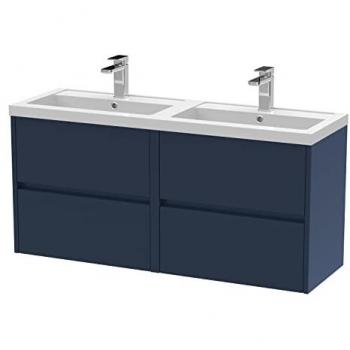 Hudson Reed Havana Wall Hung 4 Drawer Vanity Unit with Double Polymarble Basin | Midnight Blue | MFC | 1200mm