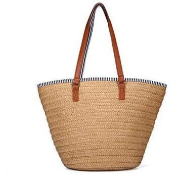 Stroh Strand Tasche, JOSEKO Sommer Handtaschen Schulter Tasche Tote mit Ledergriffen Quasten Frau Tasche Khaki