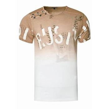 Rusty Neal Verwaschtes T-Shirt mit Farbverlauf und Seitlicher Knopfleiste – Kamel, Größe XL
